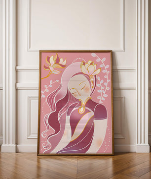 Elegant floral-themed female portrait with golden accents
