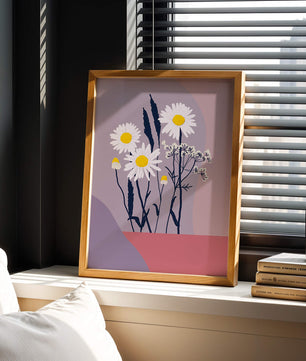 Illustrative floral artwork with daisies and abstract background