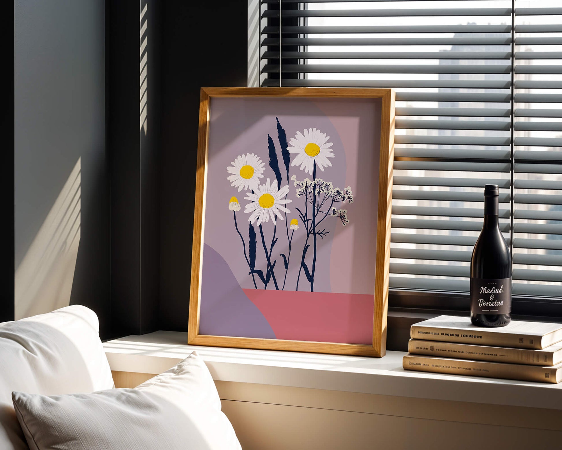Illustrative floral artwork with daisies and abstract background