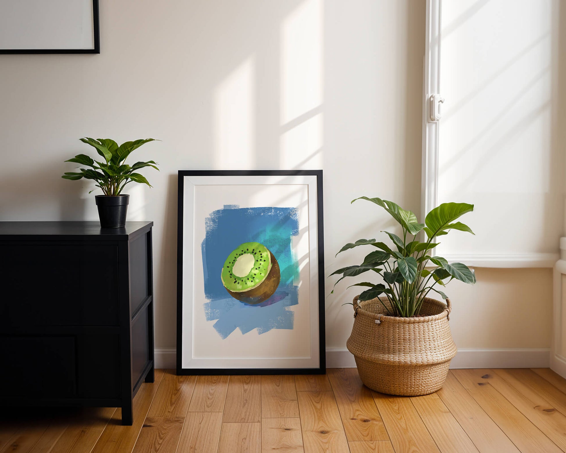 Illustration of a kiwi with a textured blue background