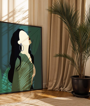 Stylized artwork of a woman with dark hair and earrings against a tropical leaf backdrop