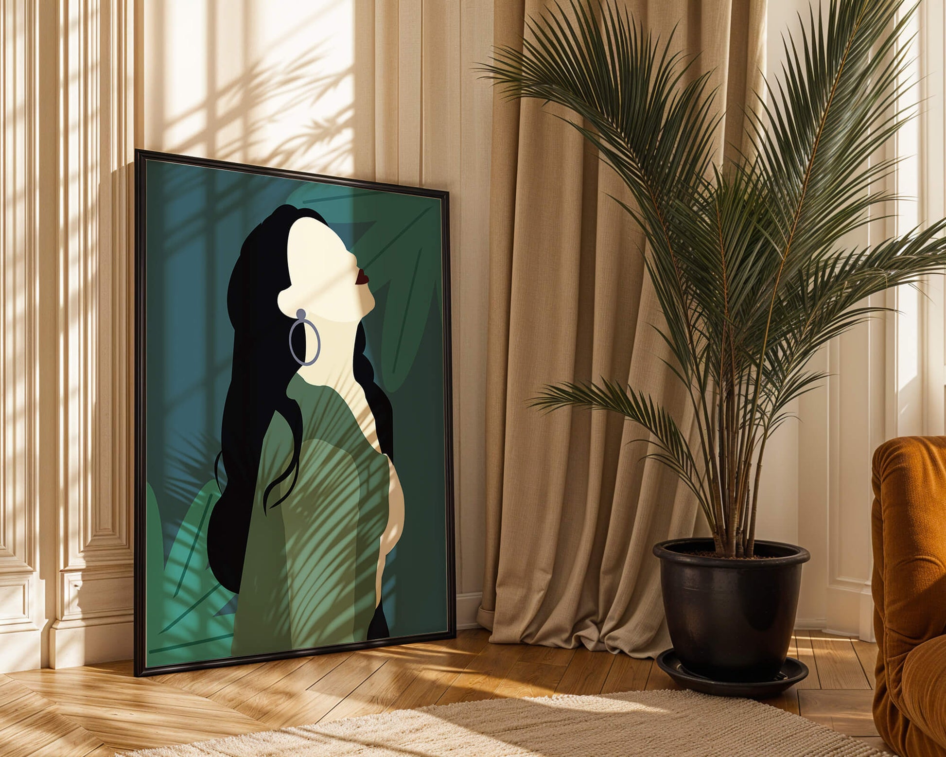 Stylized artwork of a woman with dark hair and earrings against a tropical leaf backdrop