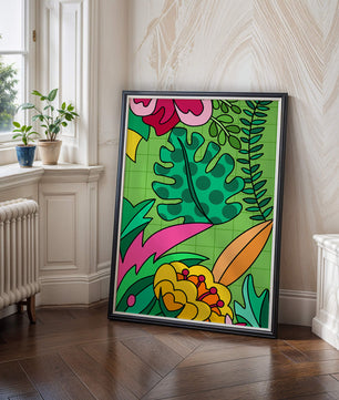 Colorful botanical illustration with vibrant tropical elements