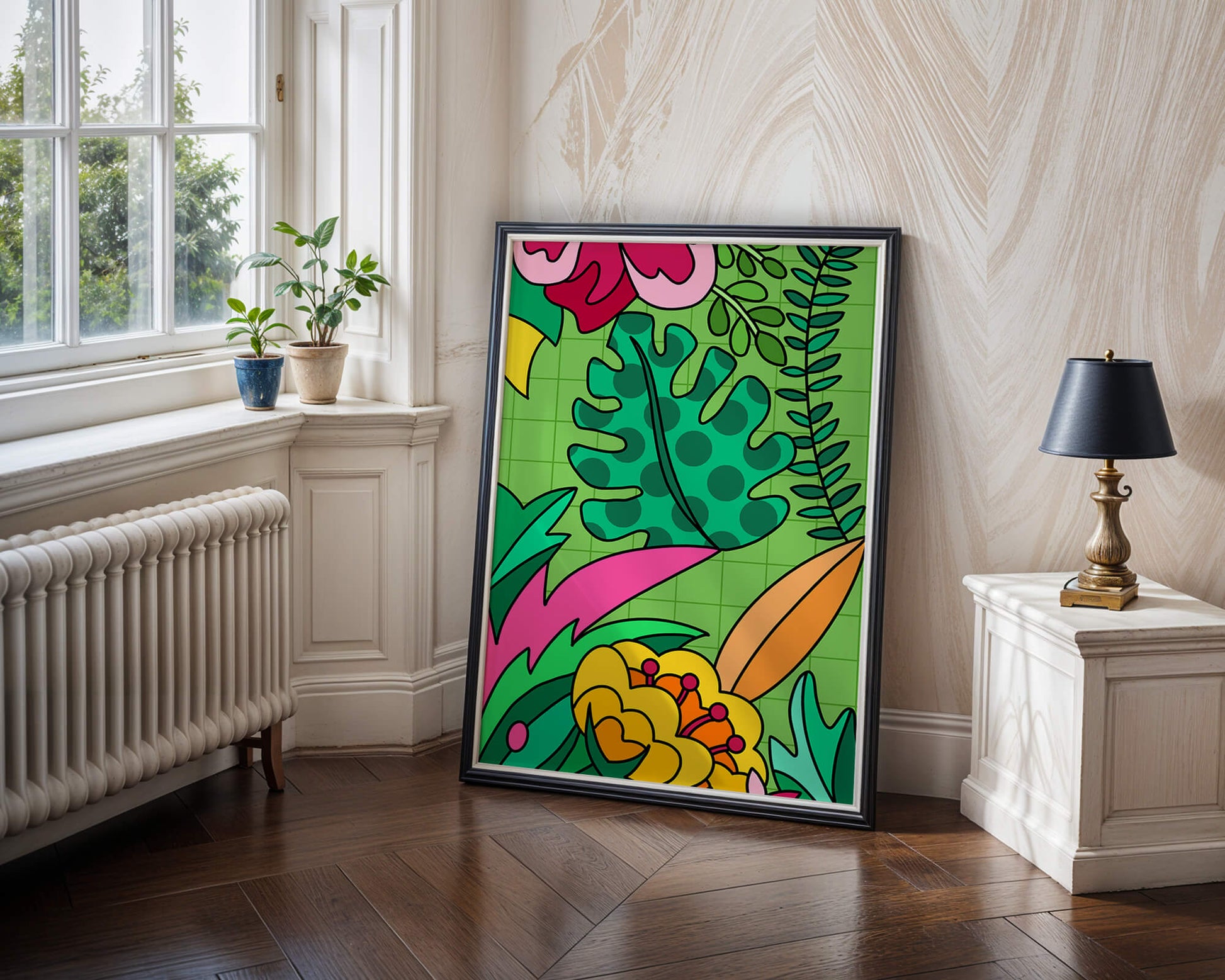 Colorful botanical illustration with vibrant tropical elements