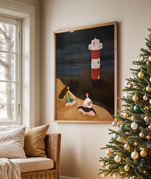 Peaceful Beach Scene with Lighthouse at Night