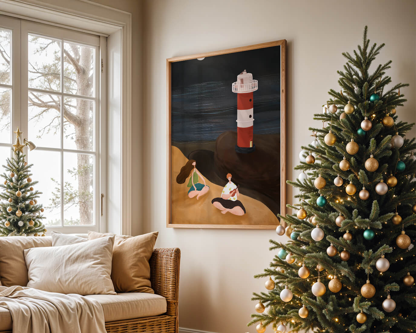 Escena de playa tranquila con faro por la noche