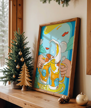 Colorful Illustration of Two Clinking Beer Mugs with Ice Cubes and Citrus Slices
