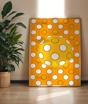 Colorful geometric pattern with white polka dots on orange background