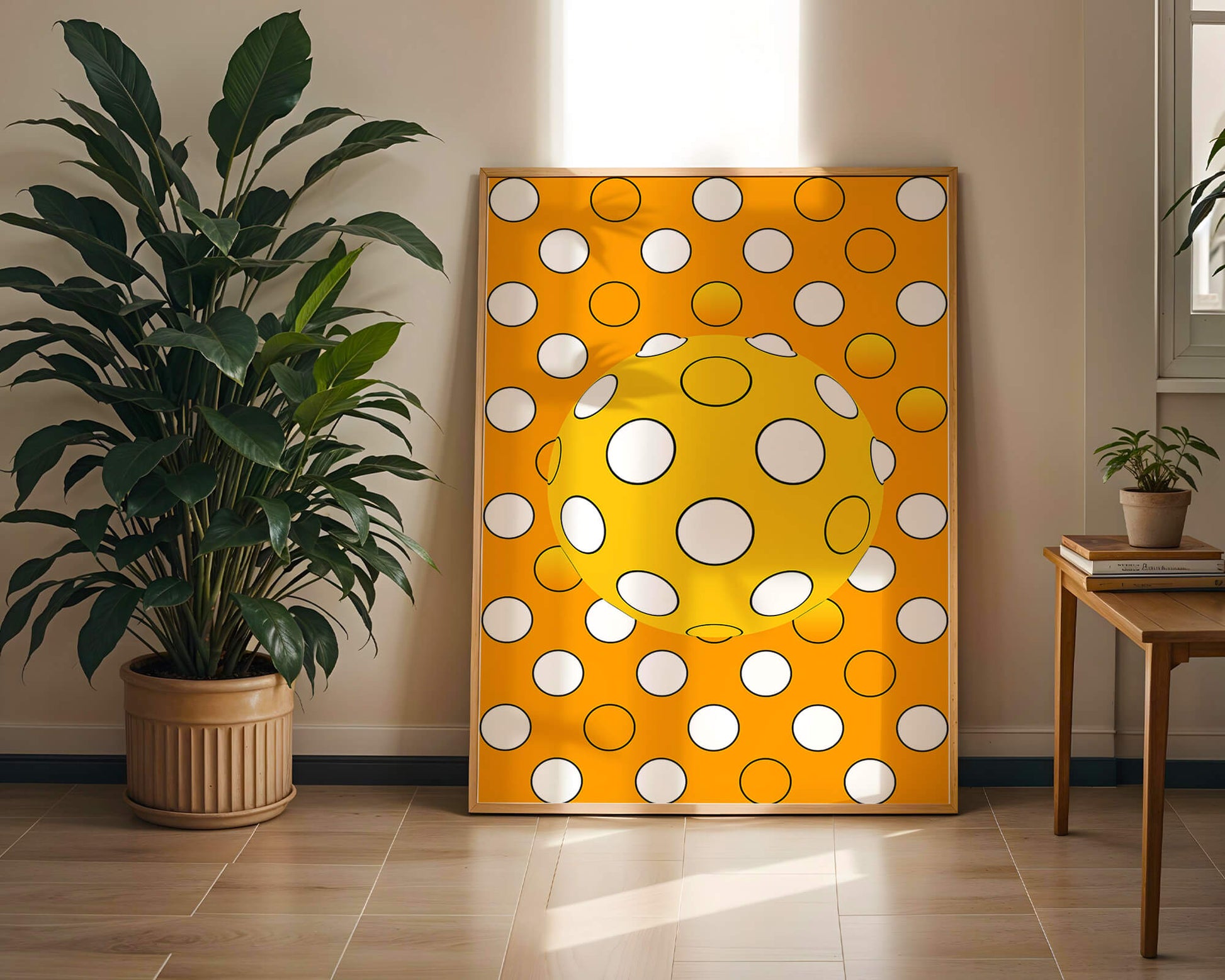 Colorful geometric pattern with white polka dots on orange background