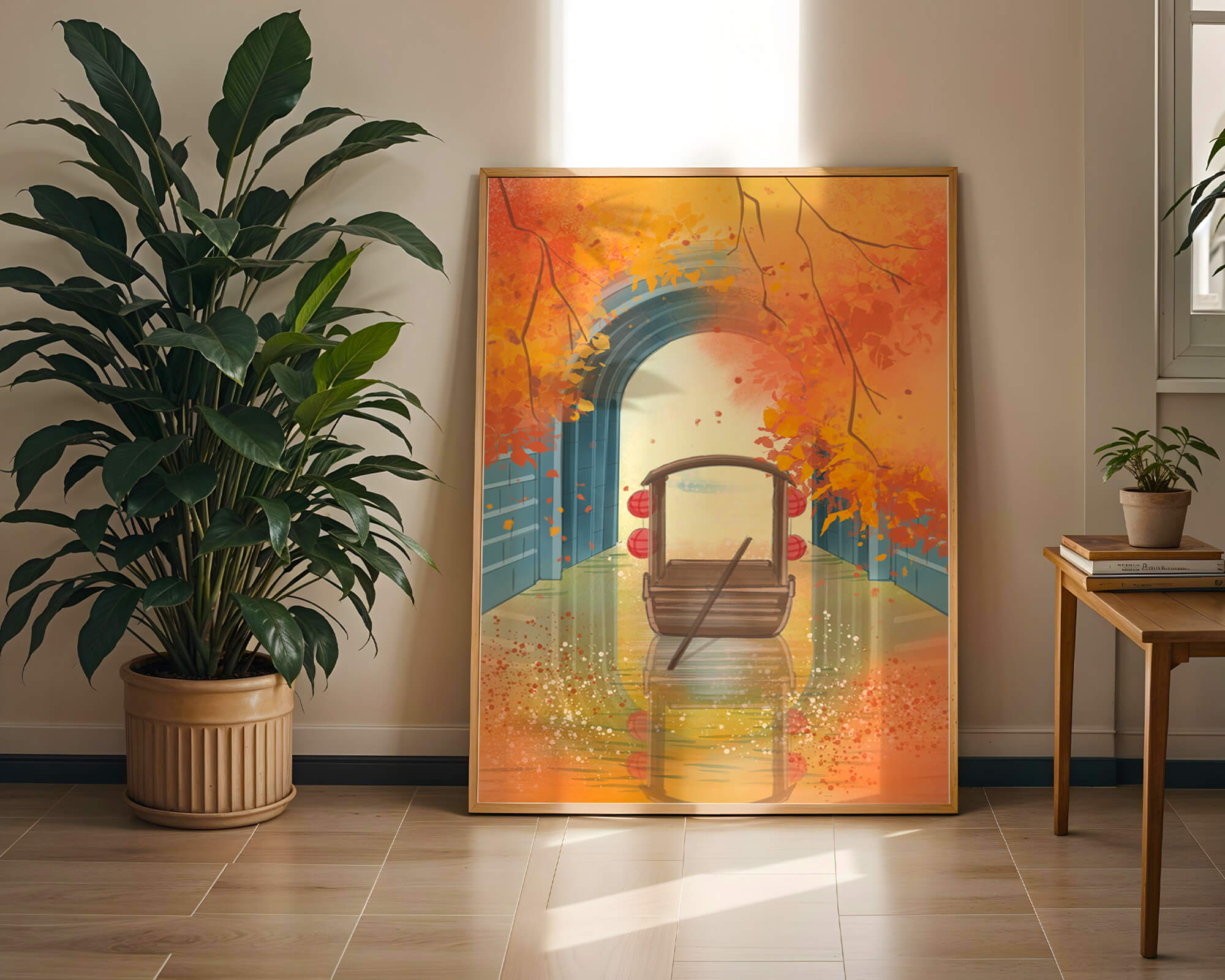 Serene autumn scene with archway and wooden boat