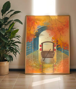 Serene autumn scene with archway and wooden boat