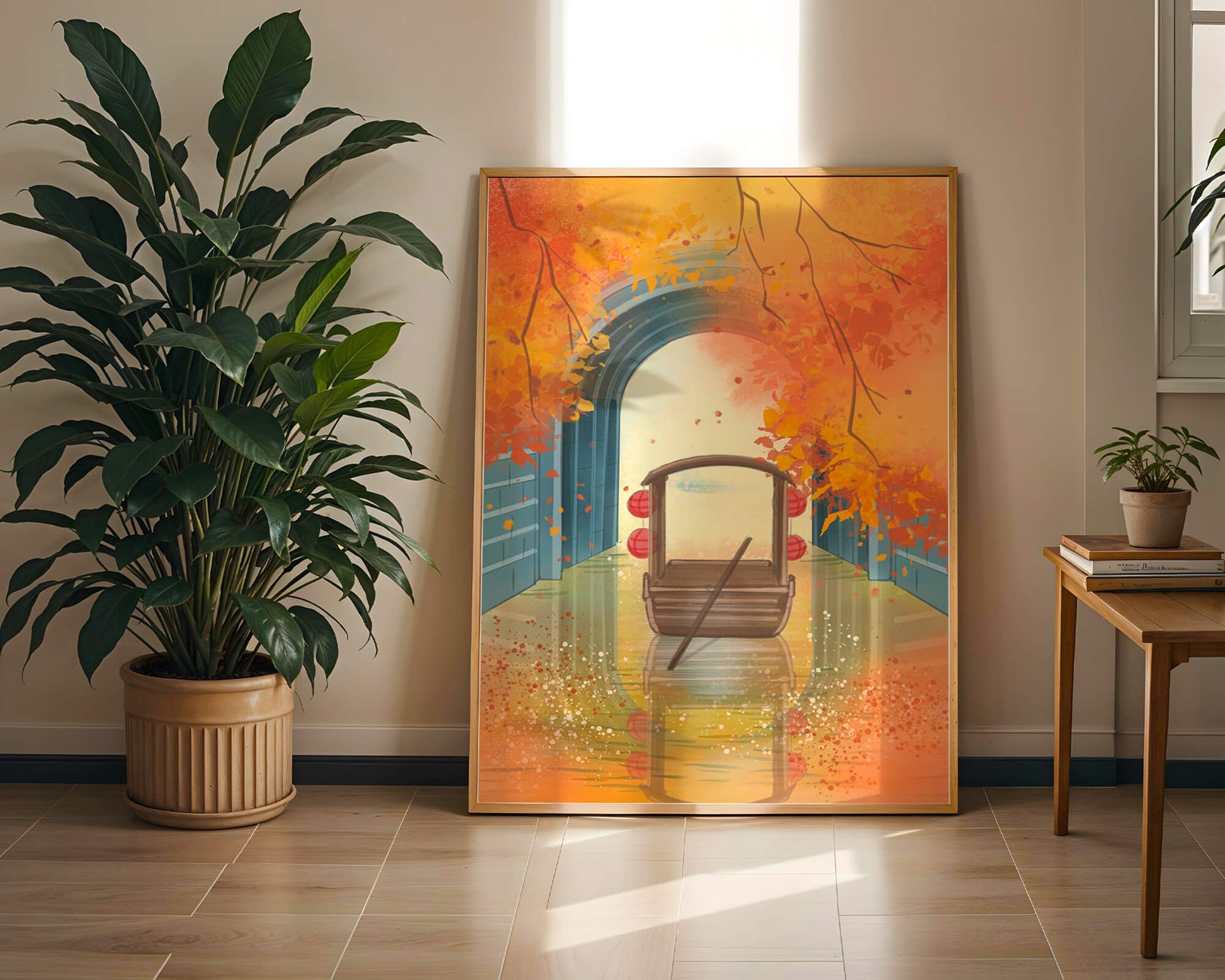 Serene autumn scene with archway and wooden boat