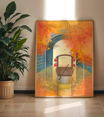 Serene autumn scene with archway and wooden boat