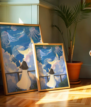 Young girl with umbrella watching surreal jellyfish sky