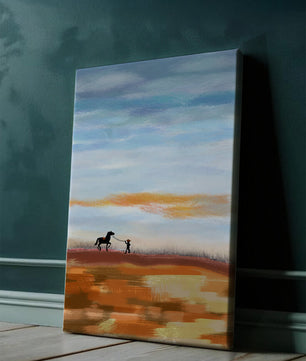 Serene landscape with cowboy and horse under vast sky