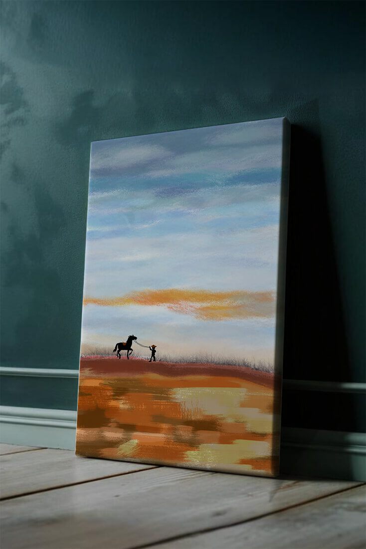 Serene landscape with cowboy and horse under vast sky