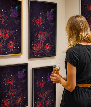 Vivid Night Sky with Red Spider Lilies and Purple Butterfly - Mi tienda