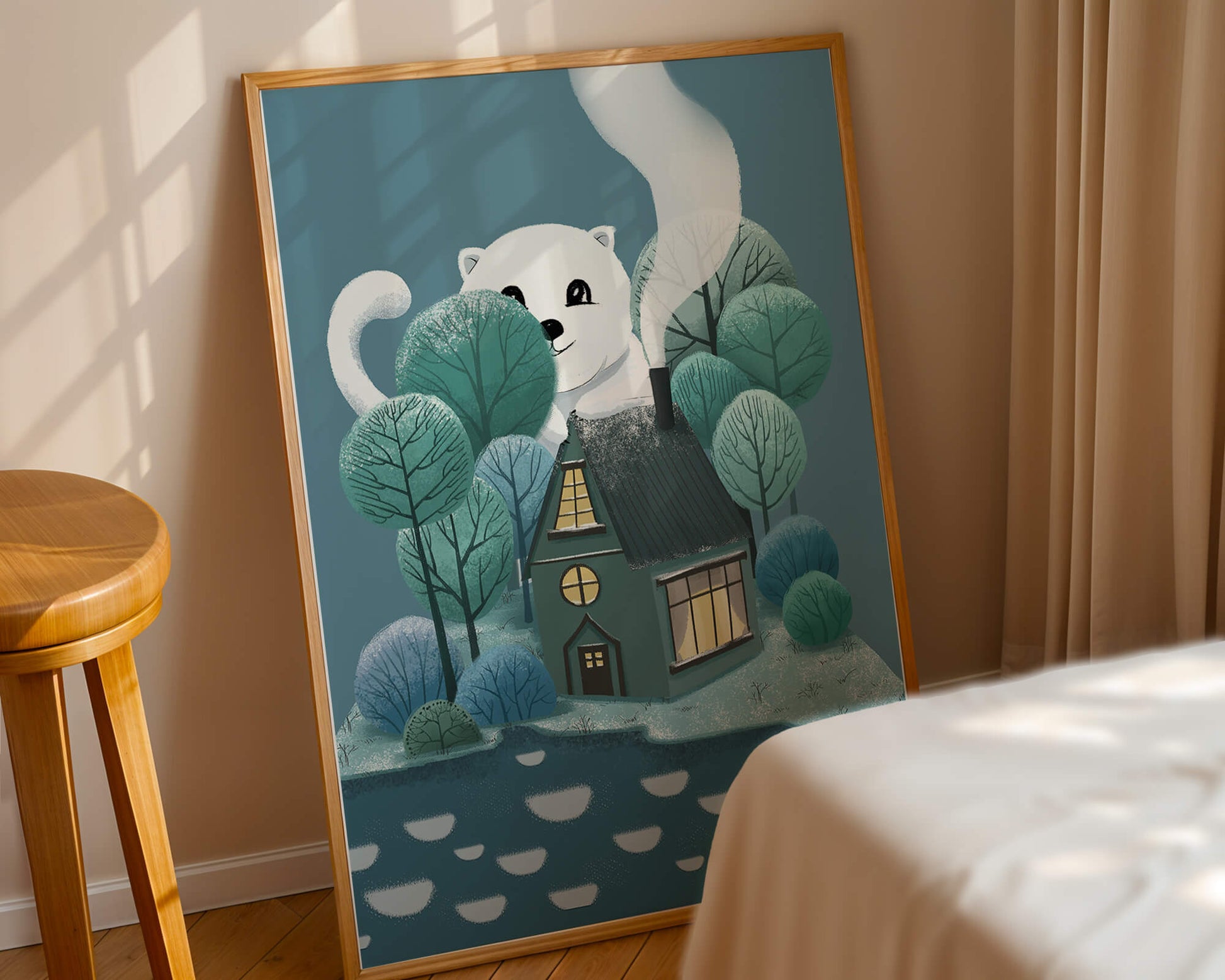 Skurrile Illustration eines gemütlichen Hauses, umgeben von Bäumen und einem freundlichen Wesen