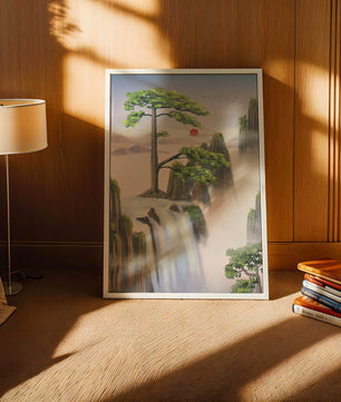 Serene landscape with flowing waterfall and sunrise
