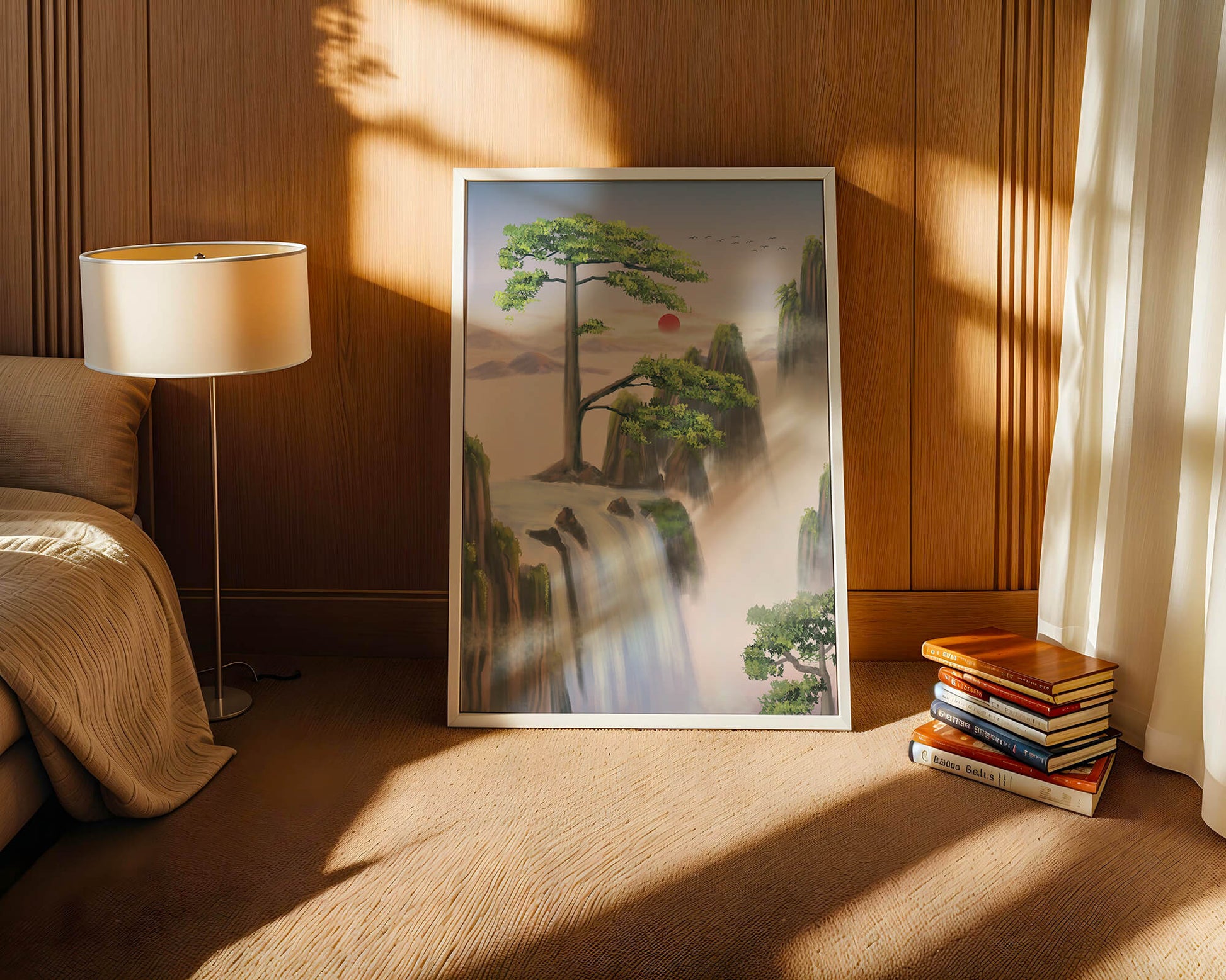 Serene landscape with flowing waterfall and sunrise