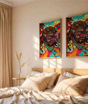 Cabeza de león abstracta y colorida con remolinos vibrantes