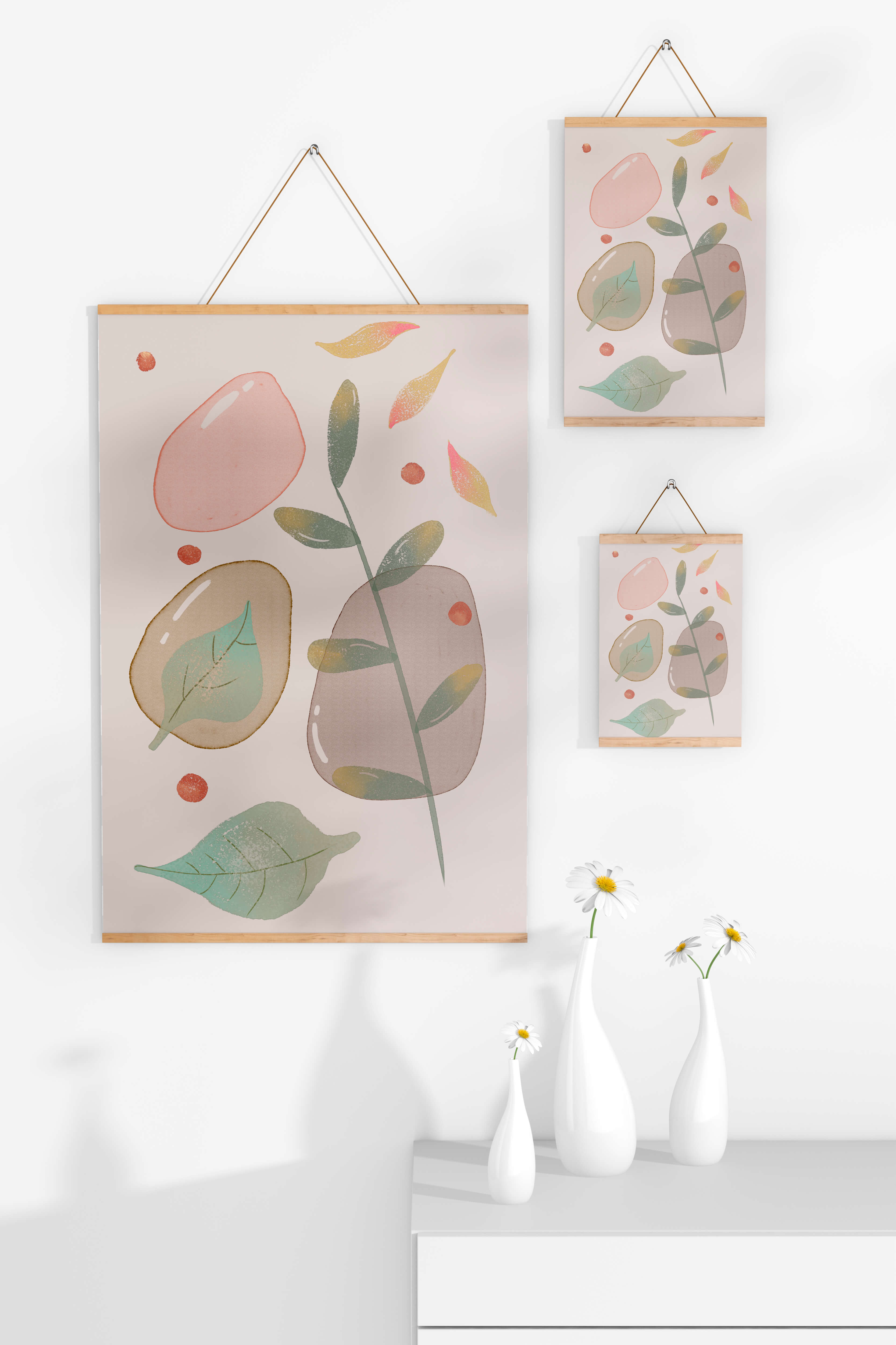 Abstract botanical illustration with pastel colored leaves and shapes