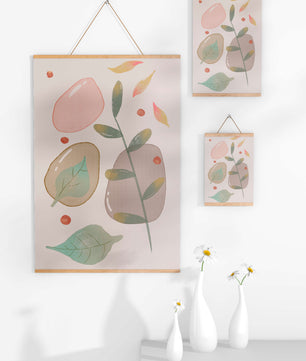 Abstract botanical illustration with pastel colored leaves and shapes