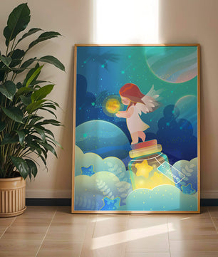 Enchanting angel collecting stars in a dreamy night sky