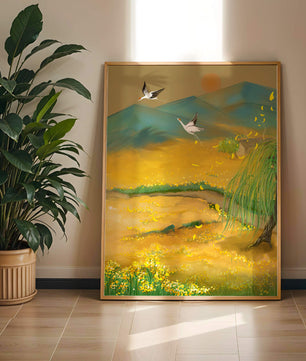 Ruhige Landschaft mit fliegenden Kranichen und goldenen Blüten