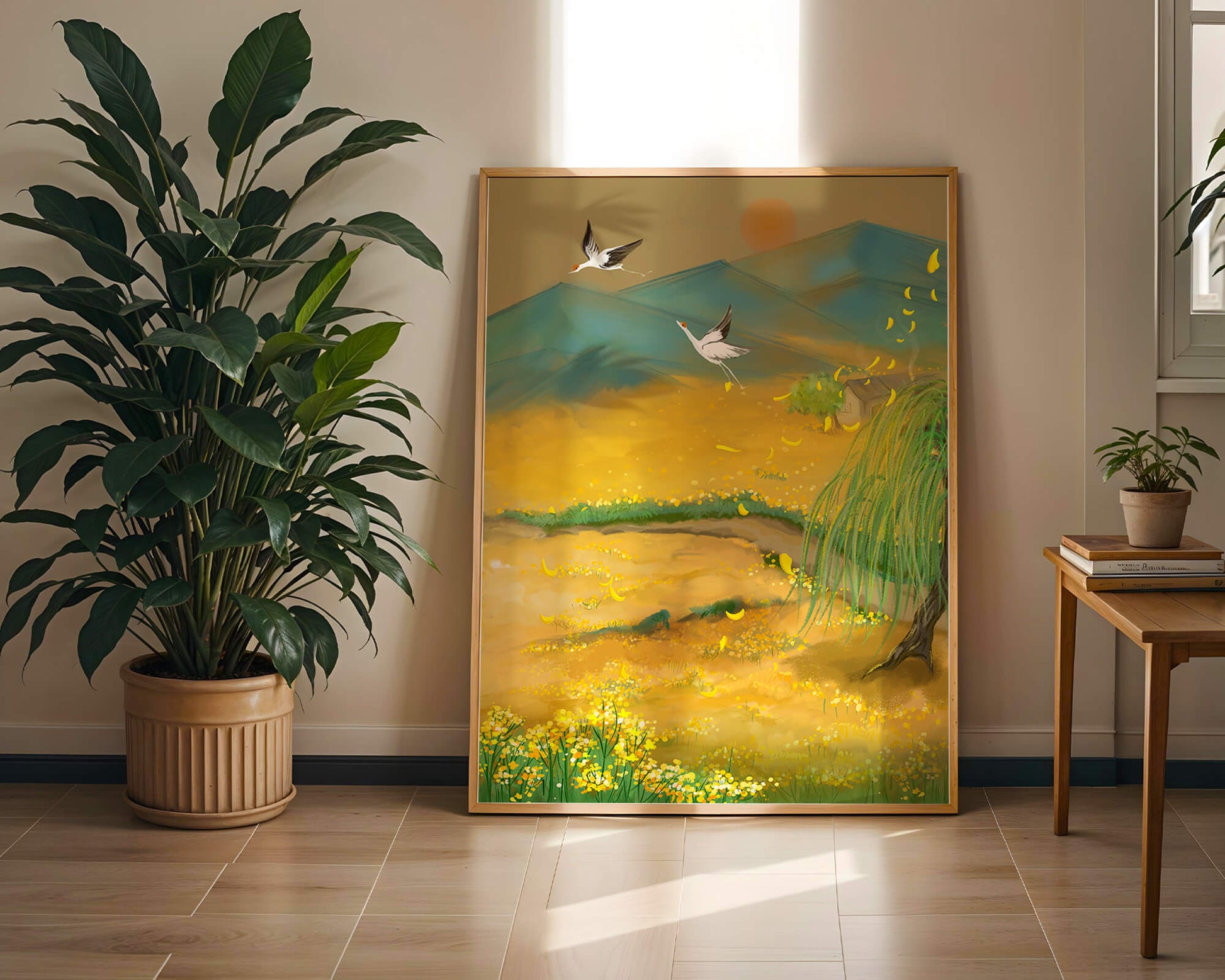 Ruhige Landschaft mit fliegenden Kranichen und goldenen Blüten