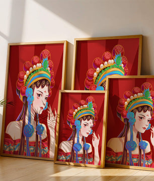 Traditional Asian art depicting stylized woman with ornate headdress