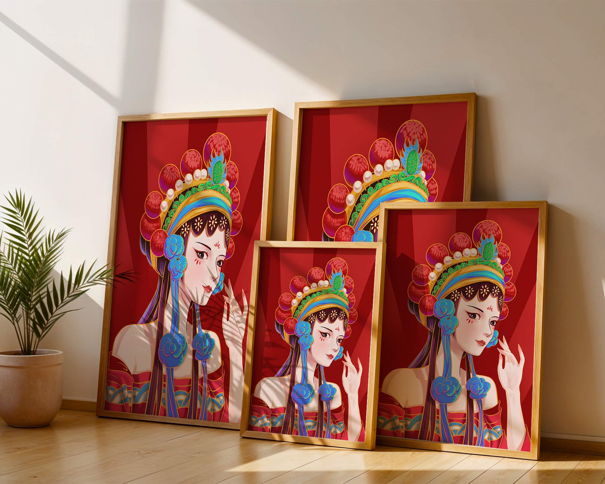 Traditional Asian art depicting stylized woman with ornate headdress