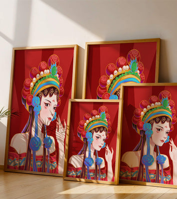 Traditional Asian art depicting stylized woman with ornate headdress