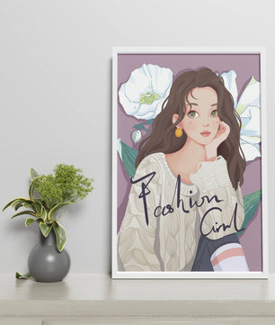 Illustrated fashion girl with floral background and purple theme