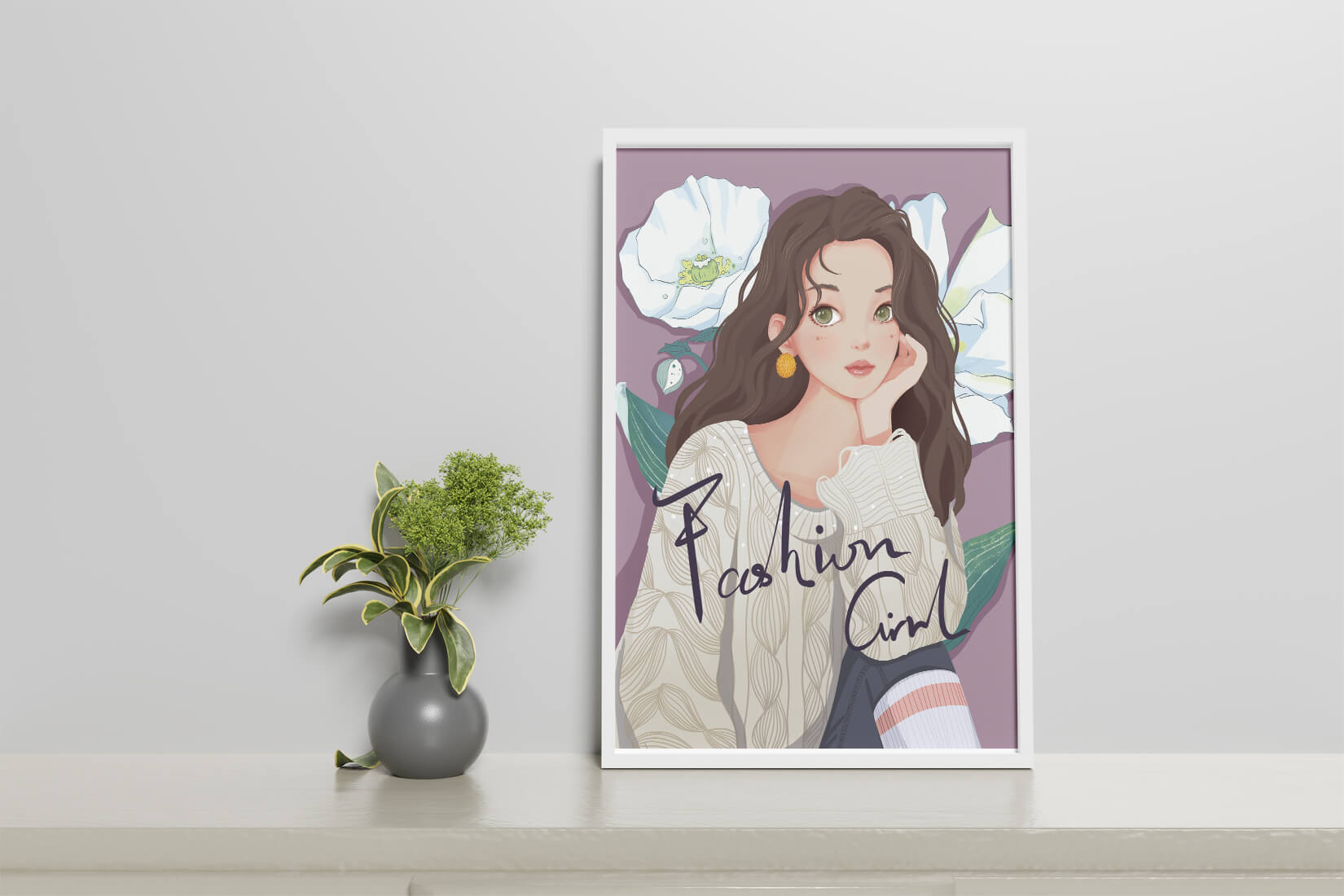 Illustrated fashion girl with floral background and purple theme