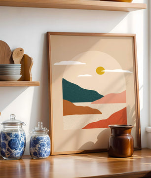 Paysage minimaliste avec montagnes et soleil