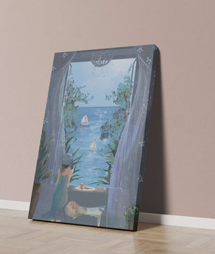 Serene seaside view from an open window with a sailboat and relaxing atmosphere