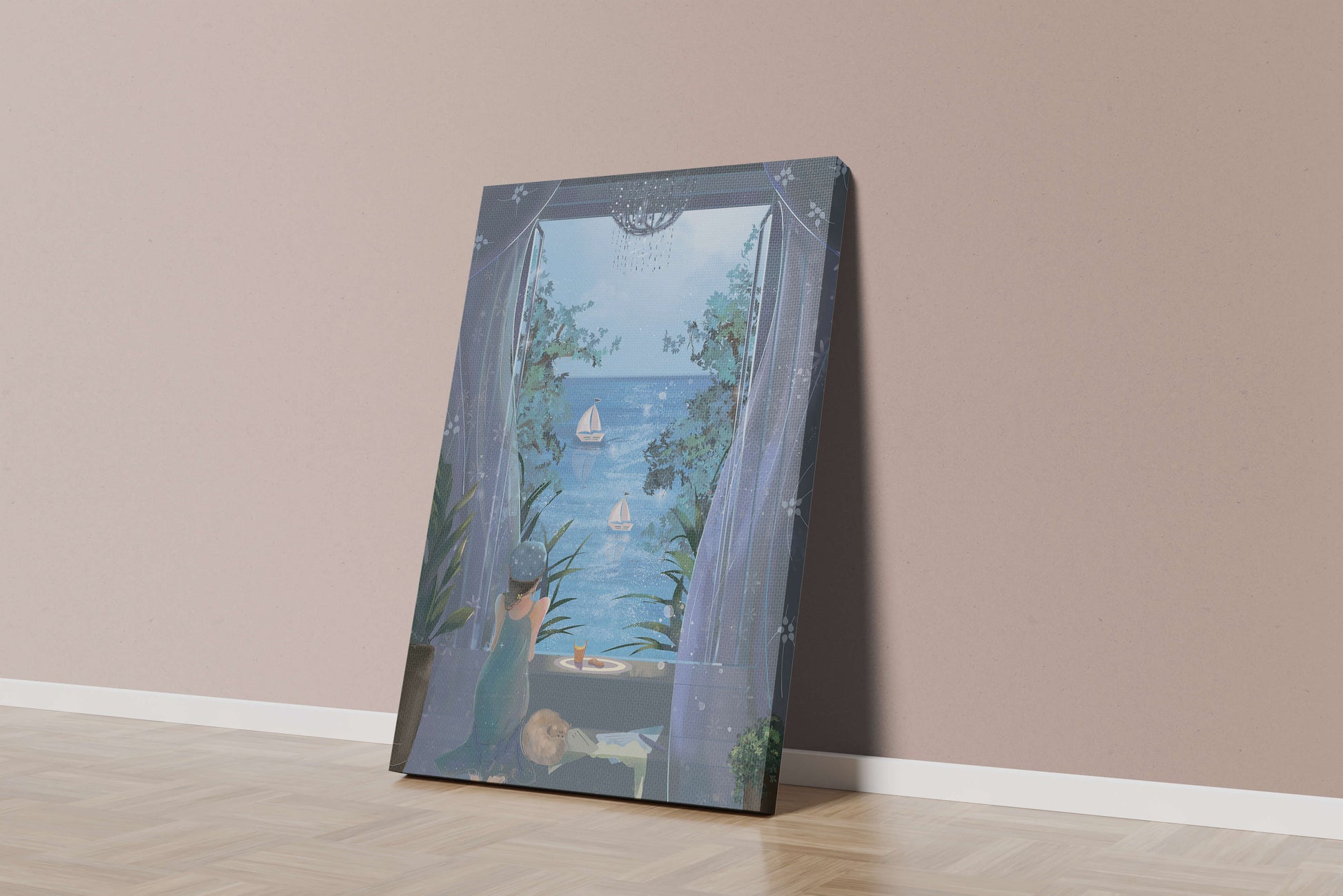 Serene seaside view from an open window with a sailboat and relaxing atmosphere