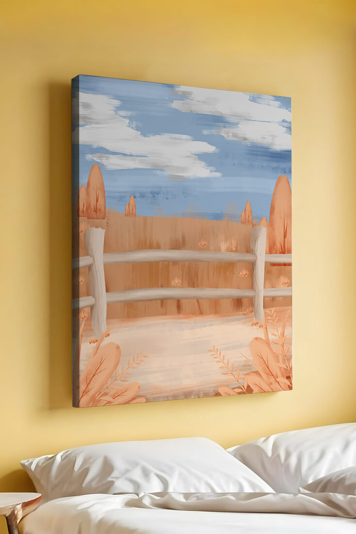 Paisaje otoñal sereno con cerca de madera y cielo azul
