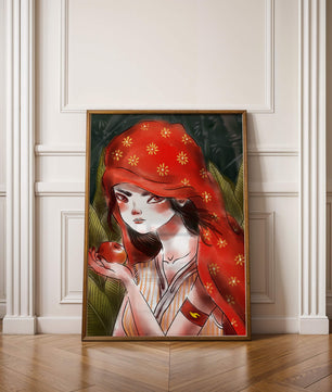 Illustration d'une fille en capuchon rouge tenant une pomme dans une forêt