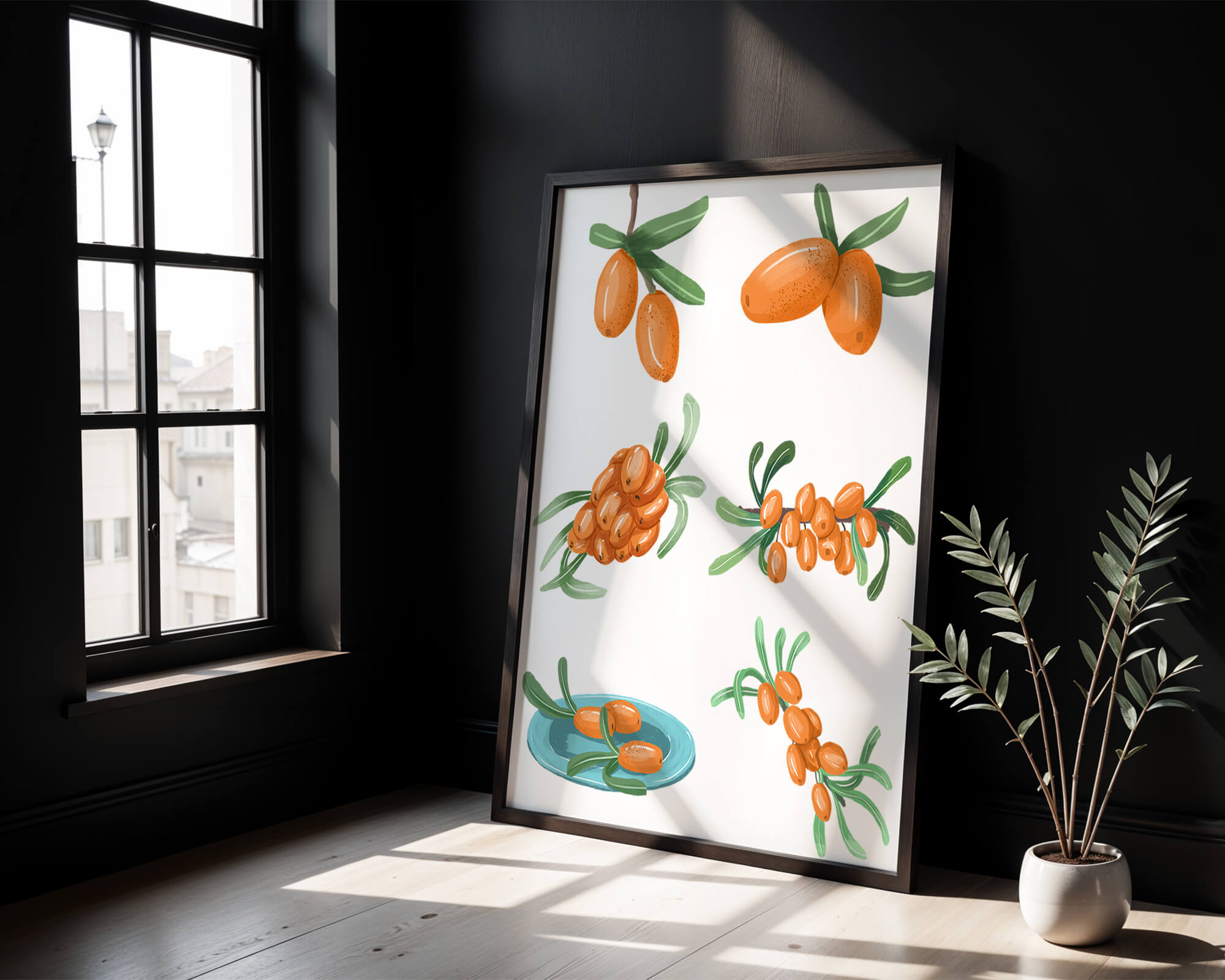Illustrations of seabuckthorn berries with green leaves
