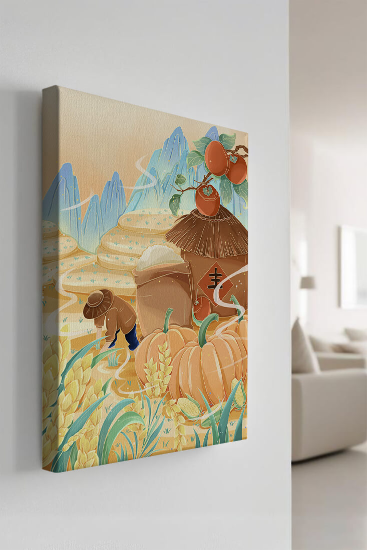 Pastoral landscape with pumpkins and farmer in rice fields