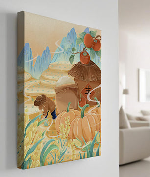 Pastoral landscape with pumpkins and farmer in rice fields