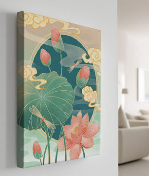 Ruhiges orientalisches Lotus-Design mit Libellen und Wolken