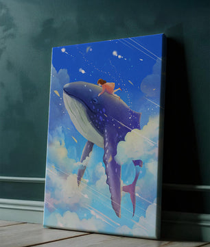 Illustration onirique d'une fille chevauchant une baleine à travers le ciel