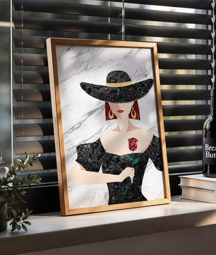Elegant woman in wide-brimmed hat holding a rose on marble background