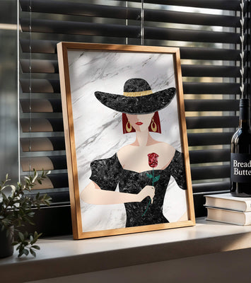 Elegant woman in wide-brimmed hat holding a rose on marble background