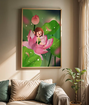 Charming fairy sitting on a blooming pink lotus in a magical garden