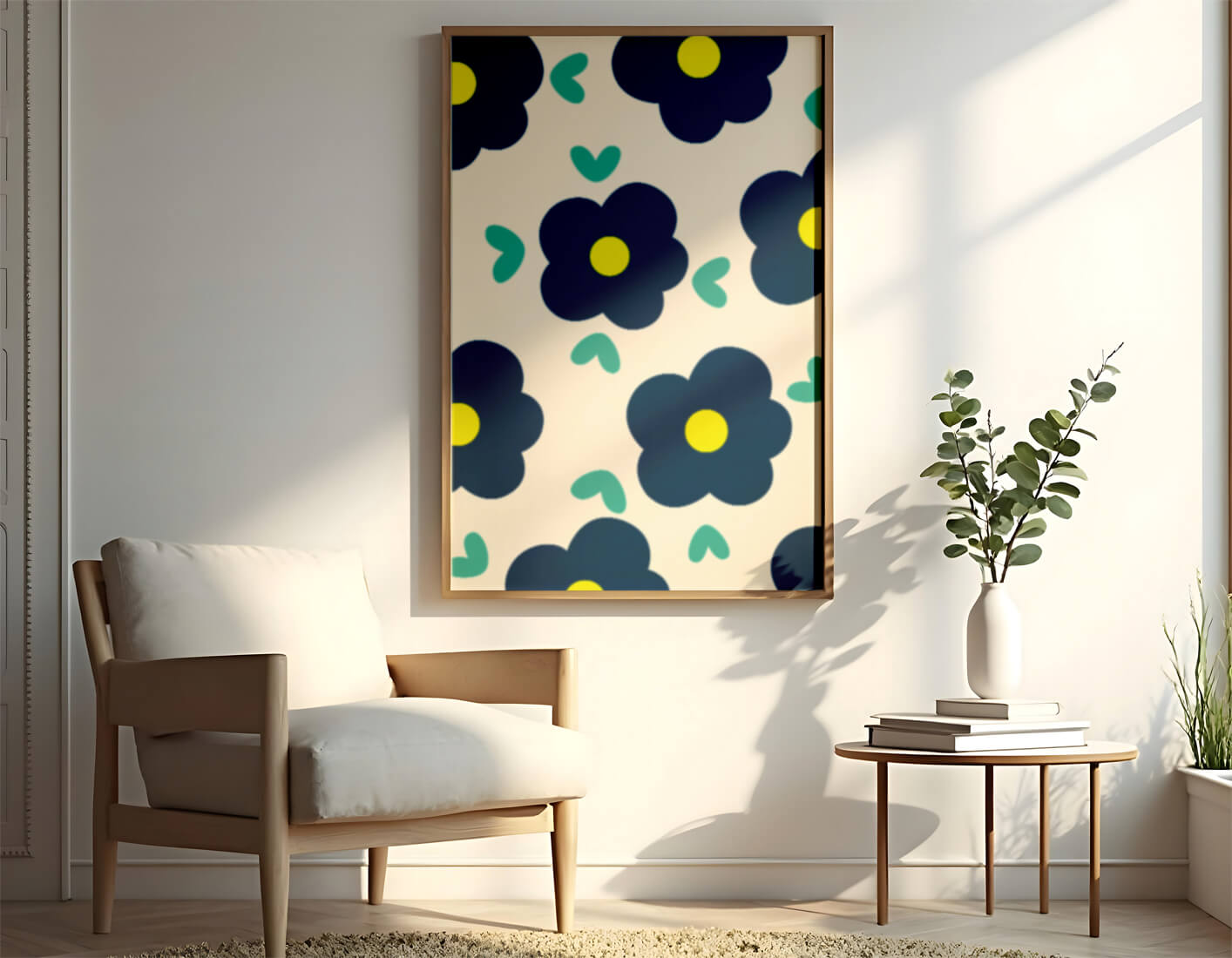 Blue floral pattern with yellow centers on cream background