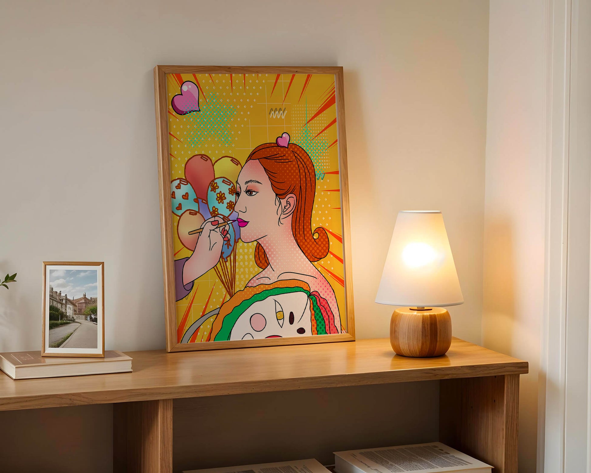Colorful pop art woman portrait with balloons and vibrant patterns